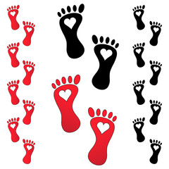 Black and red footprints with hearts. Love concept illustration to use in valentines day and honeymoon  projects and wedding cards and invitations.