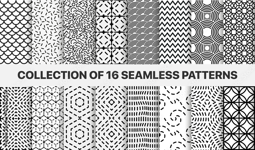 Poster Set of seamless vector geometric patterns. Collection abstract geometrical backgrounds for design, fabric, textile, wrapping etc.