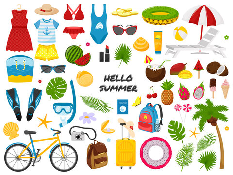 A large collection of elements of summer, travel, vacation. Clothing, tropical leaves, beach lounger, camera, fins, bicycle. Bright color vector illustrations in flat cartoon style. Isolated on white.