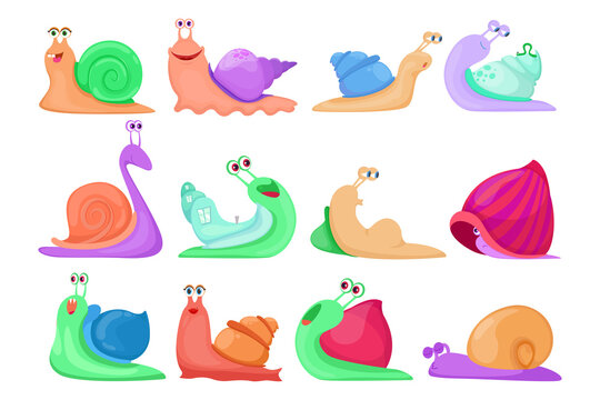 Cartoon set of colorful snail characters vector illustration. Slimy cute slugs, sleeping and smiling snailfish with shelly house on backs. Animal, nature, fairytale concept for apps or banner design