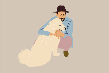 Man in hat sitting and playing with a big white dog. Pet lover and owner. Activity with animal friend. Vector illustration