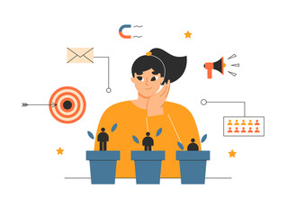 Lead nurturing, qualification, customer generation concept. Marketing manager growing new leads, customer base. Sales conversion, target audience, sales management. Isolated flat vector illustration