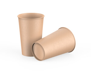 Brown disposable paper cup mock up for coffee, tea, soda and soft drink. Kraft cardboard paper cup on isolated white background, 3d illustration