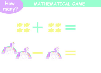 examples of addition and subtraction with unicorns. educational page with mathematical examples for children.