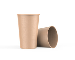 Brown disposable paper cup mock up for coffee, tea, soda and soft drink. Kraft cardboard paper cup on isolated white background, 3d illustration