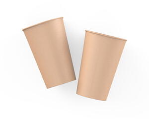 Brown disposable paper cup mock up for coffee, tea, soda and soft drink. Kraft cardboard paper cup on isolated white background, 3d illustration