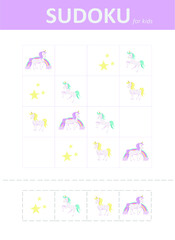 Sudoku for kids  with unicorns. Children's puzzles. Educational game for children.