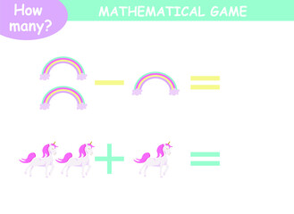 examples of addition and subtraction with unicorns. educational page with mathematical examples for children.