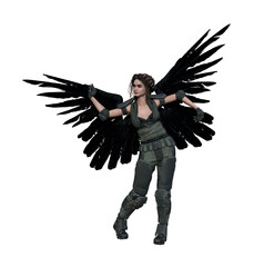 Illustration of a woman with large wings wearing combat fatigues doing a funky dance on a white background.