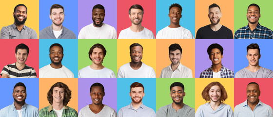 Composite set of cheerful diverse multiracial males