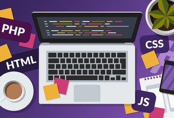 Web development and coding concept on purple background. Flat lay illustration of a programmer workspace with laptop and programming languages. 