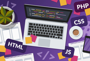 Web development and coding concept on purple background. Flat lay illustration of a programmer busy workspace with laptop and programming languages.
