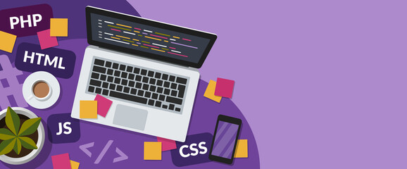 Web development and coding concept web banner with copy space on purple background. Flat lay illustration of a programmer workspace.