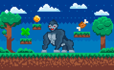 Vector pixelated Gorilla, cartoon pixel wild animal in natural landscape with trees at night