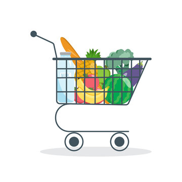 Shopping trolley filled with food - milk, bread, vegetables and fruits. A set of fresh, healthy and natural products. Grocery delivery. Vector illustration