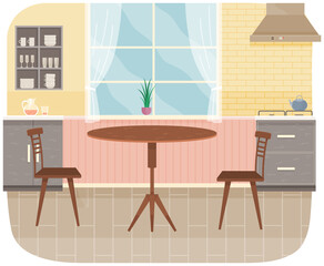 Modern kitchen interior with furniture. Wooden dining table and chairs vector illustration
