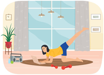 Young woman doing stretching warm up exercise at home or gym with video lesson on her laptop
