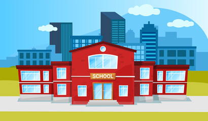 School building two-story red construction cartoon flat style. Sructure for children in cityscape