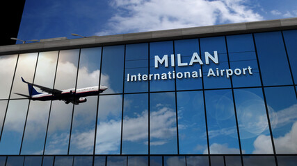 Fototapeta premium Airplane landing at Milan Italy airport mirrored in terminal