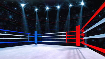 In the boxing and fighting ring. Interior view of sport arena with fans and shining spotlights. Digital sport 3D illustration.