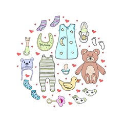 Baby shower doodle illustration with kids set and little footprints. Baby shower decorations. Pregnancy, motherhood