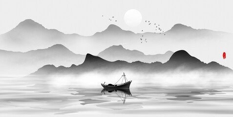 Hand painted Chinese style landscape painting © 心灵艺坊