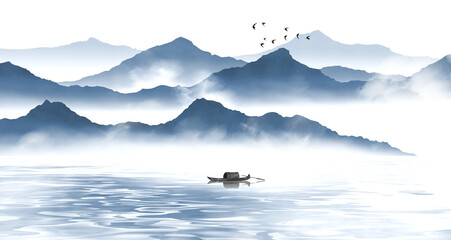 Hand painted Chinese style blue elegant landscape painting © 心灵艺坊