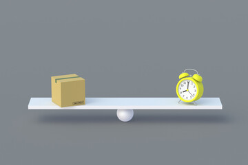 Cardboard box and alarm clock on scales. High speed of delivery. Honest payment for the delivered parcel on time. Countdown international shipping. 3d render