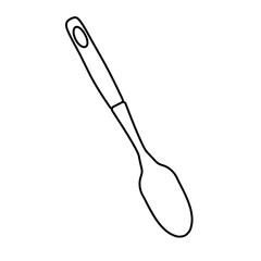 Kitchen spoon doodle. Household equipment hand drawing. Plastic Kitchen Accessory Ladle. Kitchen interior. Isolated object on white background. Vector illustration.