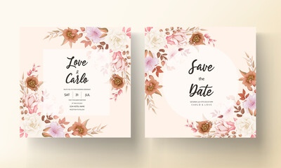 Romantic hand drawn elegant brown floral wedding invitation card