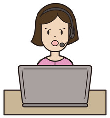 パソコン入力をしながら電話応対をするピンクの服の20代から30代女性　コールセンター 怒り顔