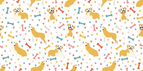 Seamless pattern with puppies. Pets digital paper. Pattern for children's textiles and clothing. DOGS LABRADOR FIGURE. Vector illustration