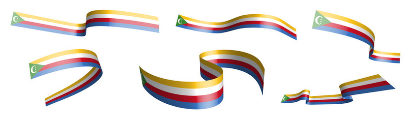 Set of holiday ribbons. flag of Comoros islands waving in wind. Separation into lower and upper layers. Design element. Vector on white background