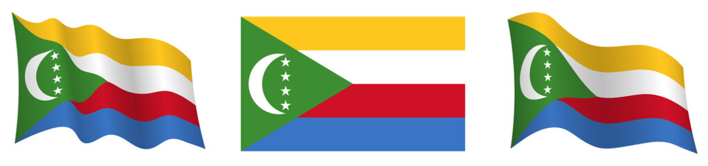 flag of Comoros islands in static position and in motion, fluttering in wind in exact colors and sizes, on white background