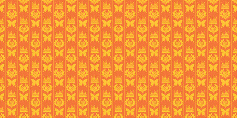 Decorative background pattern with ornament with floral ornaments and butterflies on an orange background, wallpaper. Seamless pattern, texture for your design. Vector image