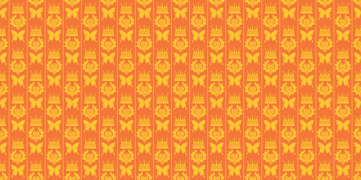 Decorative background pattern with ornament with floral ornaments and butterflies on an orange background, wallpaper. Seamless pattern, texture for your design. Vector image