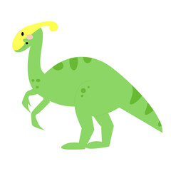 Vector bright green dinosaur. Cute parasaurolophus hand-drawn childish style isolated on white background.