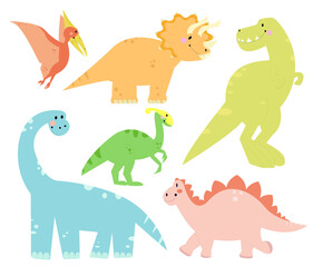 Big set with cartoon cute dinosaurs. Vector dino collection for kids design.