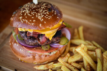 tasty delicious home made burgers with french fries