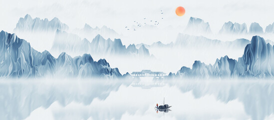 Hand painted Chinese style blue elegant landscape painting © 心灵艺坊