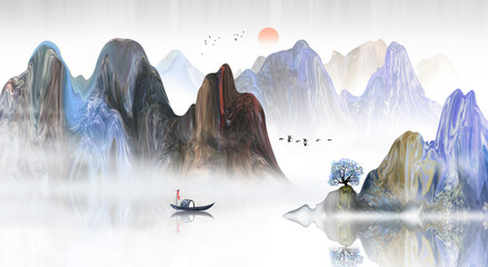 Hand painted Chinese style blue elegant landscape painting - obrazy, fototapety, plakaty
