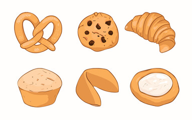 A collection of butter cookies. Oatmeal cookies with chocolate chips, French bagel and pretzel. Fortune Cookie Cupcake and Cottage cheese Cheesecake.