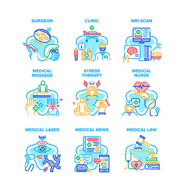Medical Clinic Set Icons Vector Illustrations. Medical Nurse Massage And Law Advocate, Laser And Mri Scan Hospital Equipment, Stress Therapy And Surgeon Treatment Color Illustrations
