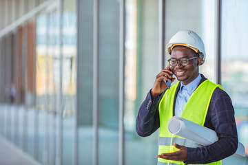 Smiling architect in suit and with helmet on head standing in building in construction process next to window and talking on smart phone. Engineer, architect or supervisor on a construction site