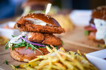 tasty delicious home made burgers with french fries