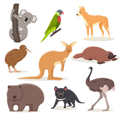Set of funny cartoon Australian animals - emu, ostrich, koala on a branch, tasmanian devil, dingo dog, platypus, kiwi bird and wombat