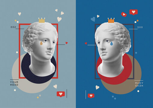 Fashion Art Collage With Plaster Antique Sculpture Of Venus Face In A Pop Art Style. Creative Vogue Concept Image In Contemporary Surrealism Style. Beauty, Fashion And Health Theme. Zine Culture.