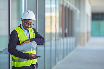 Engineers man working on tablet plan building construction in city. Portrait of bearded architect in formal wear using on the phone and holding project and tablet while standing on construction site.