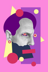 Collage with details gloomy male face in a surreal pop art style. Modern creative concept image with severe man head. Zine culture. Contemporary art poster. Retro abstract design. Funky minimalism.