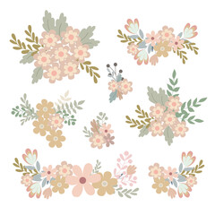 Simple flowers pastel-colored floral arrangement set in flat style vector illustration, symbol of spring, cozy home, Easter holidays celebration decor, clipart for cards, bohemian springtime decoratio